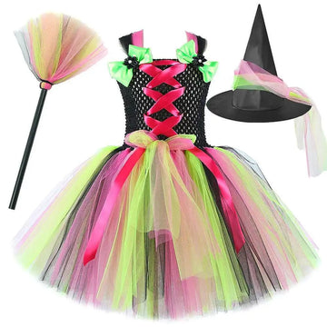 Kids Halloween Witch Costumes for Girls Carnival Party Fancy Dresses with Witches Hat Broom Children Hallowmas Disguise Outfit