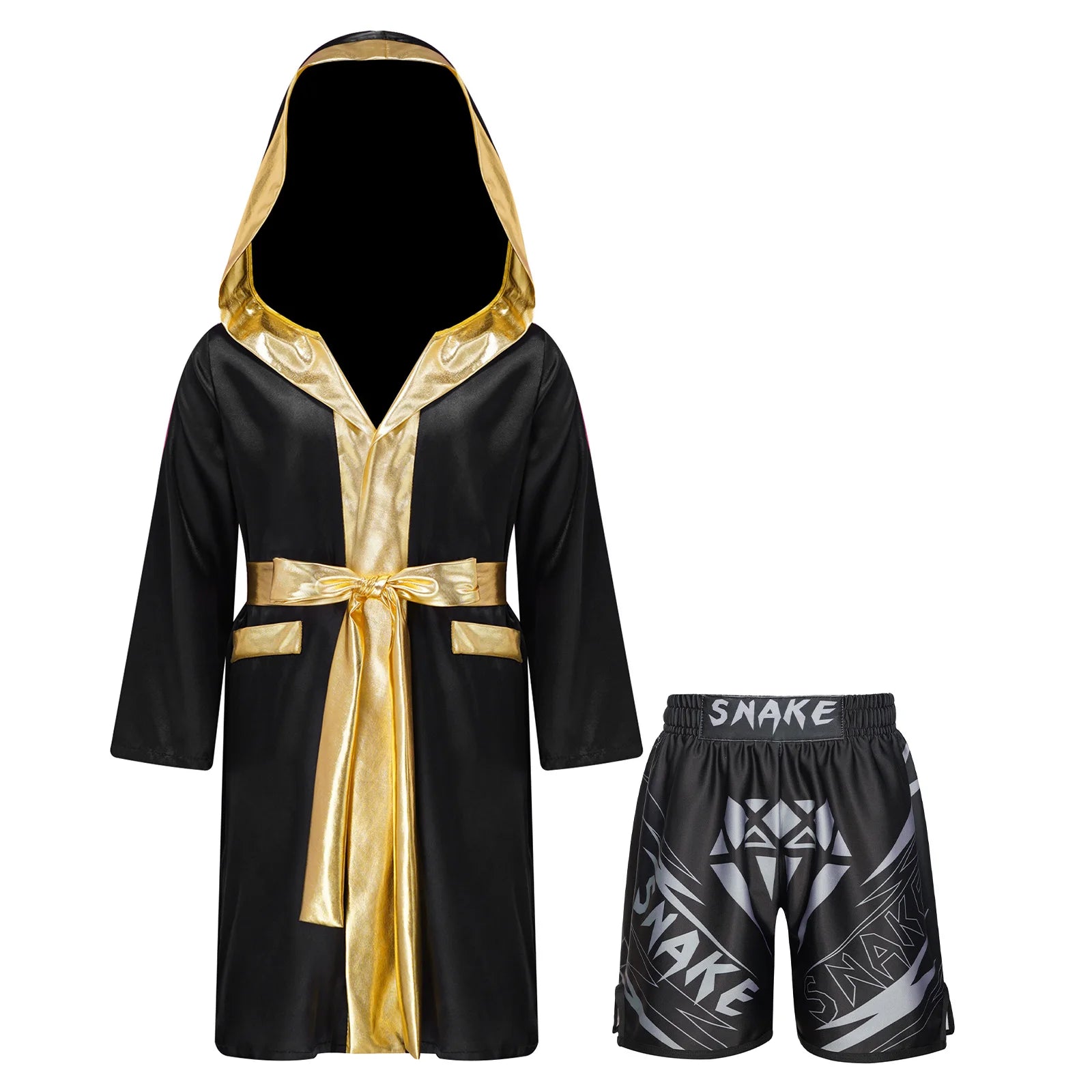 Boys Boxing Robe Outfit Halloween Theme Party Boxer Cosplay Costume Long Sleeve Metallic Satin Hooded Cloak with Belt Shorts