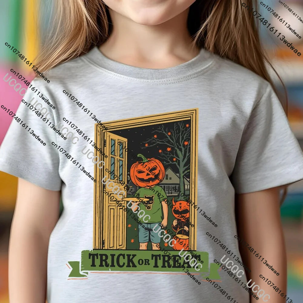 Trick or Treat Kids Halloween T-Shirt Cute Children in Costume Graphic Tee Spooky Candy Collecting T-shirt Boy Festival Outfit