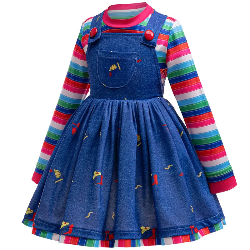 Toddler Girls Halloween Killer Costume 2PCS Blue Denim Dress With Rainbow Striped Shirt Outfit For Kids Horror Party Play Outfit