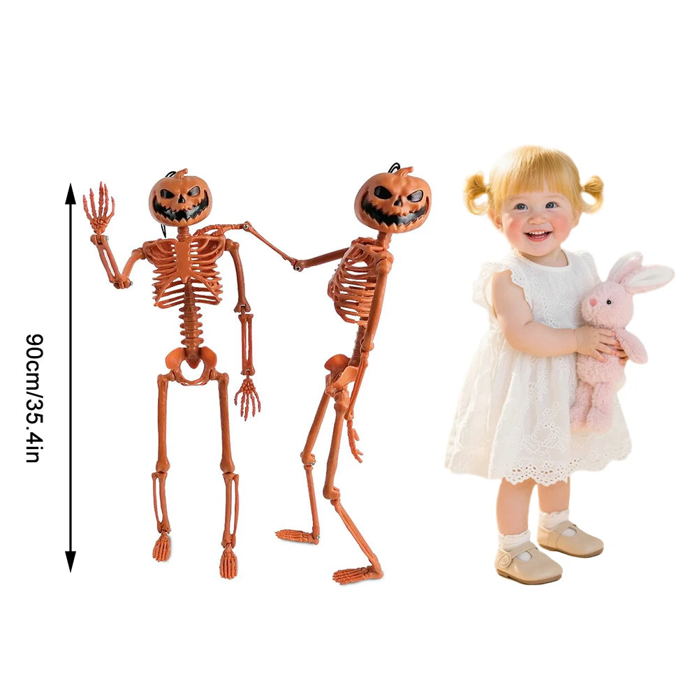 Halloween Pumpkin Skull Human Skeleton 15/35 Inch Stayable Posable Skeletons Skeleton Figurine for Haunted House Party Decor