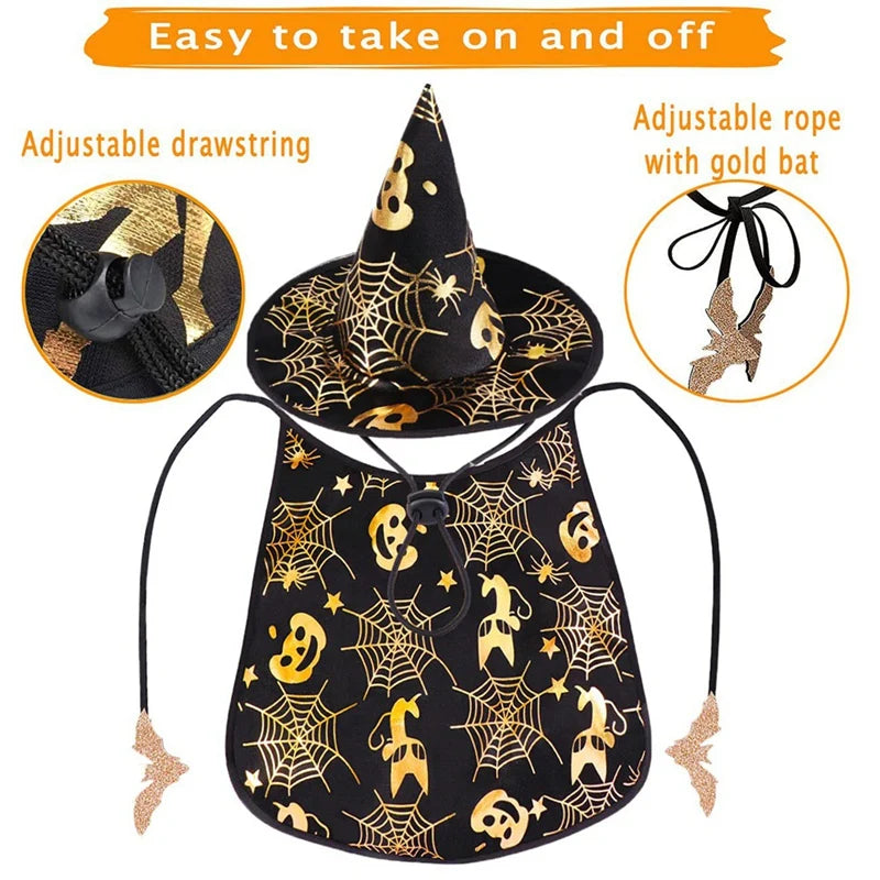 ABUN-Halloween Cat Costume Pet  Cape And Hat Cool Outfit Pet  Cape Hat Cats Cosplay Clothes Apparel Halloween