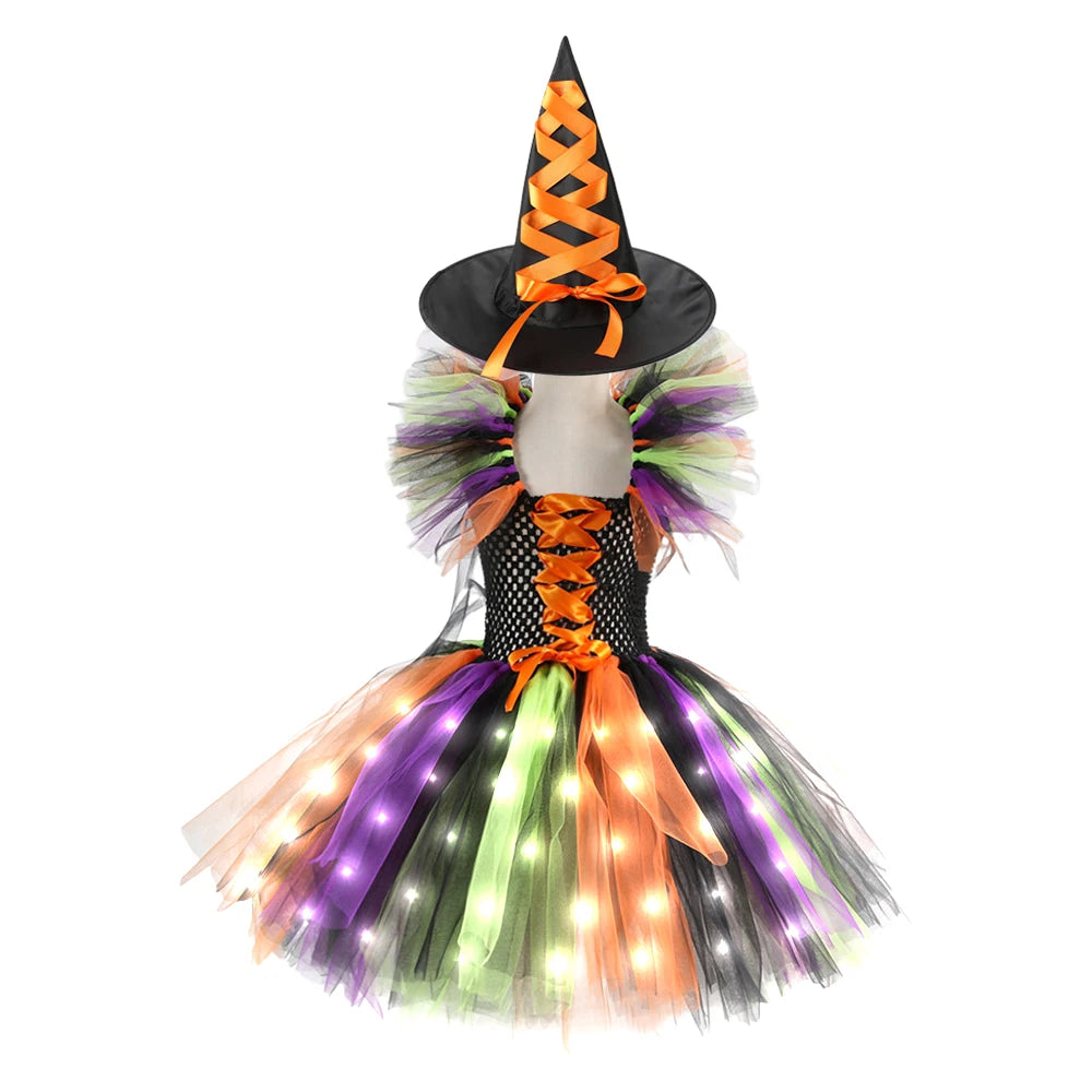 Halloween Costume For Kids Girls Witch Cosplay Tutu Knee LED Dress With Hat Broom Children Carnival Vestidos Fancy Clothes New