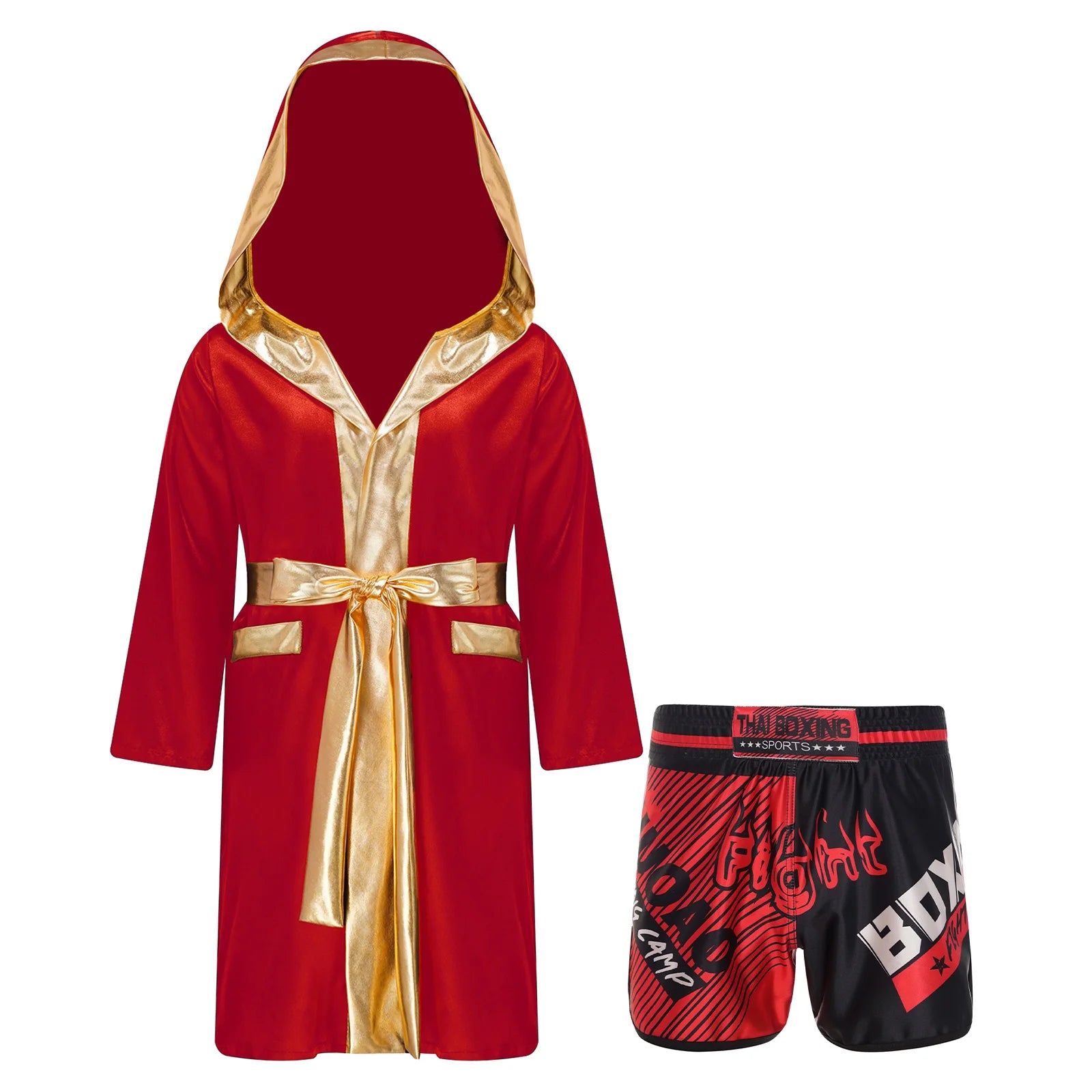 Boys Boxing Robe Outfit Halloween Theme Party Boxer Cosplay Costume Long Sleeve Metallic Satin Hooded Cloak with Belt Shorts