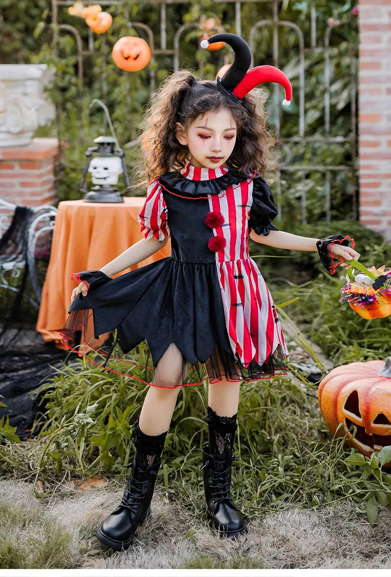 Halloween children's costume; clown costume for girls; party dress for a fun outfit; carnival performance outfit.