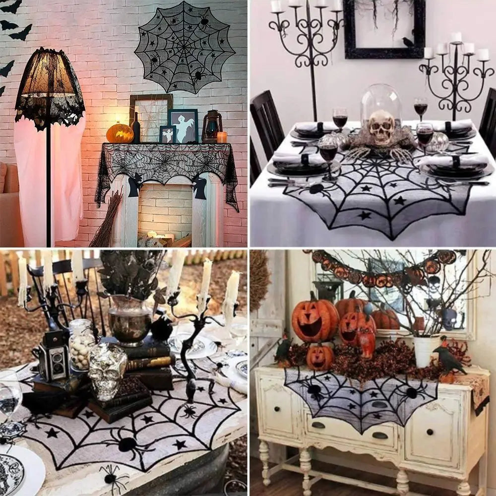New Halloween Bat Table Runner Lace Web Skeleton Skull Tablecloth Black Fireplace Mantel Scarf Event Party Decoration Supplies