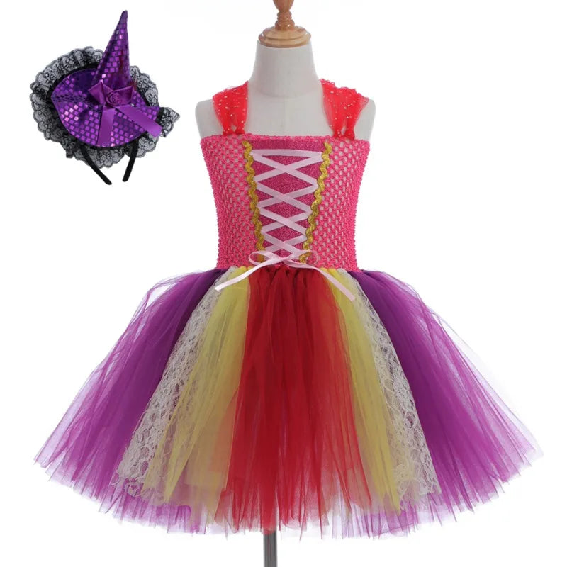 Halloween Children Costume Tulle Dress Girls Cosplay Vestidos Party Evil Queen Mesh Princess Dress Kids Crow Wand