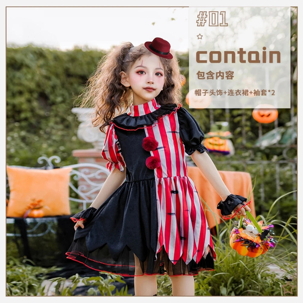Halloween children's costume; clown costume for girls; party dress for a fun outfit; carnival performance outfit.