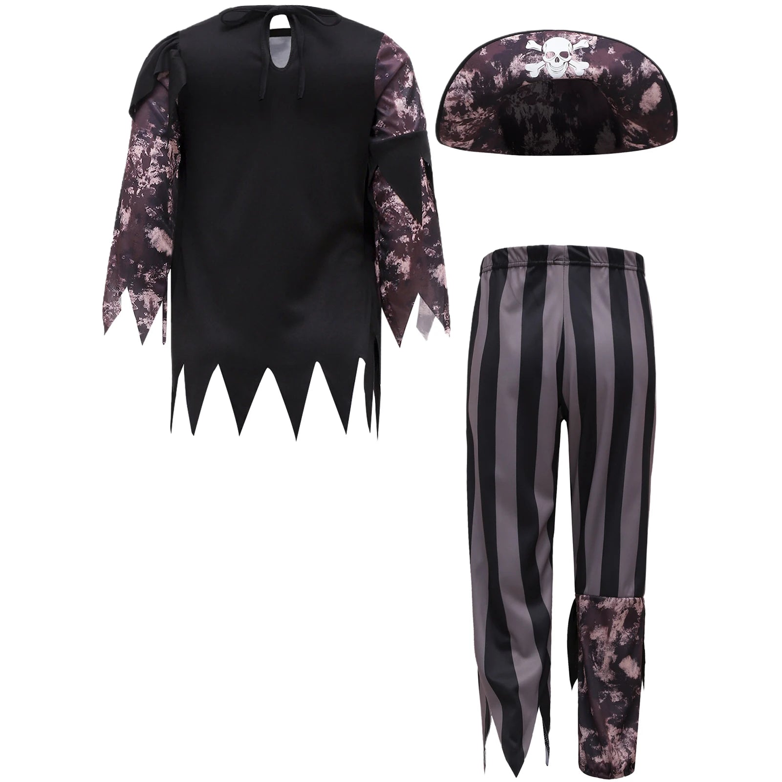Boys Halloween Medieval Pirate Cosplay Costume Carnival Roleplay Suit Irregular Fringe Long Sleeve Top Striped Pants and Hat Set
