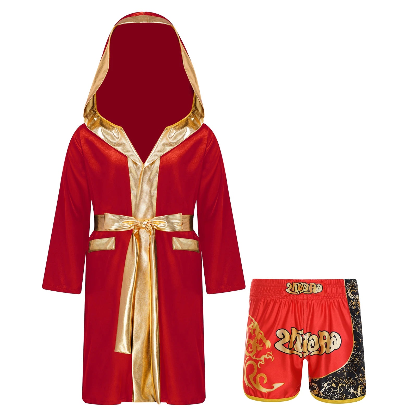 Boys Boxing Robe Outfit Halloween Theme Party Boxer Cosplay Costume Long Sleeve Metallic Satin Hooded Cloak with Belt Shorts