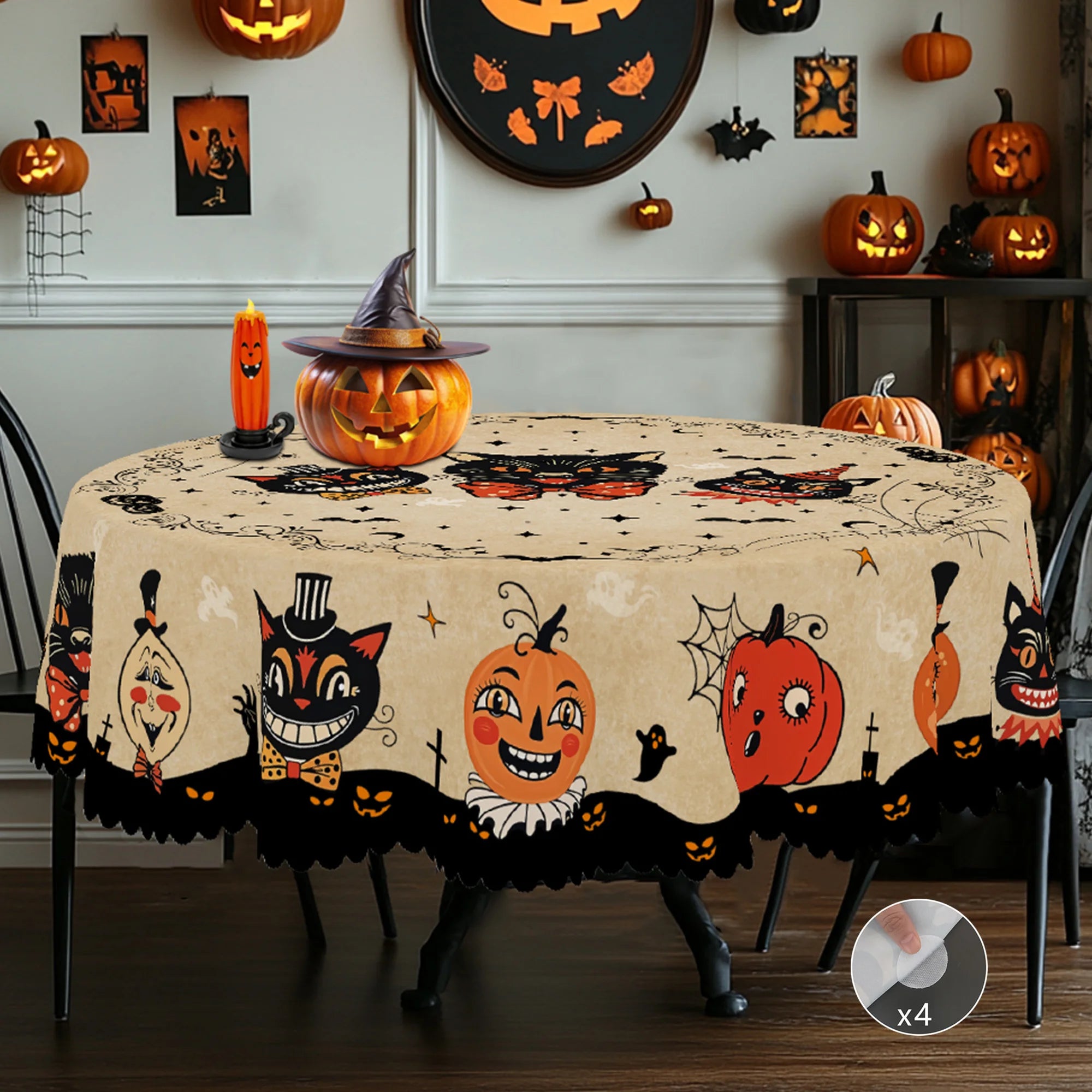 1 Halloween Themed Tablecloth, Retro Farmhouse Style, Funny Pumpkin, Black Cat Pattern Design, Suitable for Holiday Parties, Camping Picnic, Garden Birthday Parties, Kitchen Accessories, Restaurant Terrace, Tablecloths for In