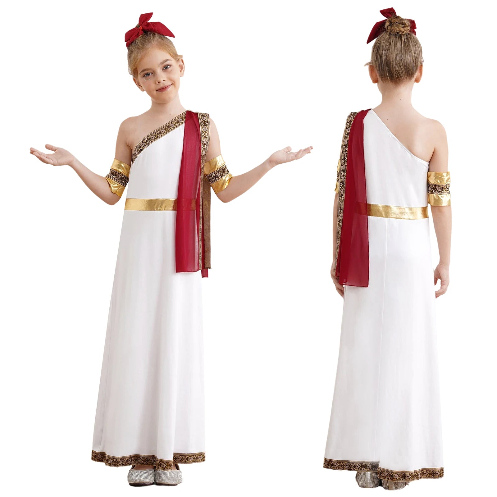 Kids Girls Halloween Ancient Greek Toga Classic Roman Carnival Cosplay Costume One Shoulder Embroider Robe with Removable Cuffs