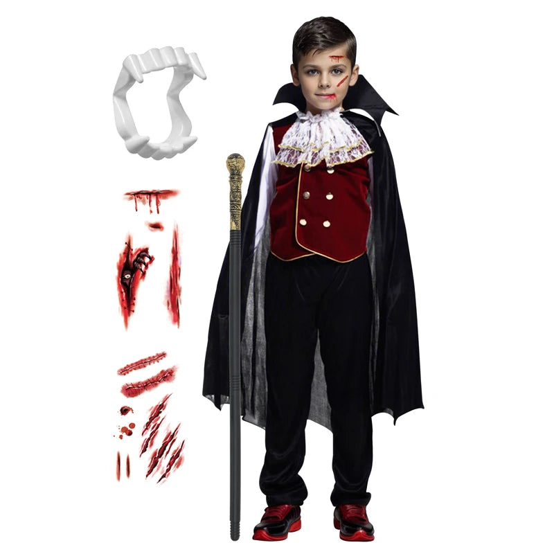 Boys Halloween Vampire Cosplay Costume Kids Carnival Party Dress up Outfit Role Play Costumes with False Teeth Walking Cane