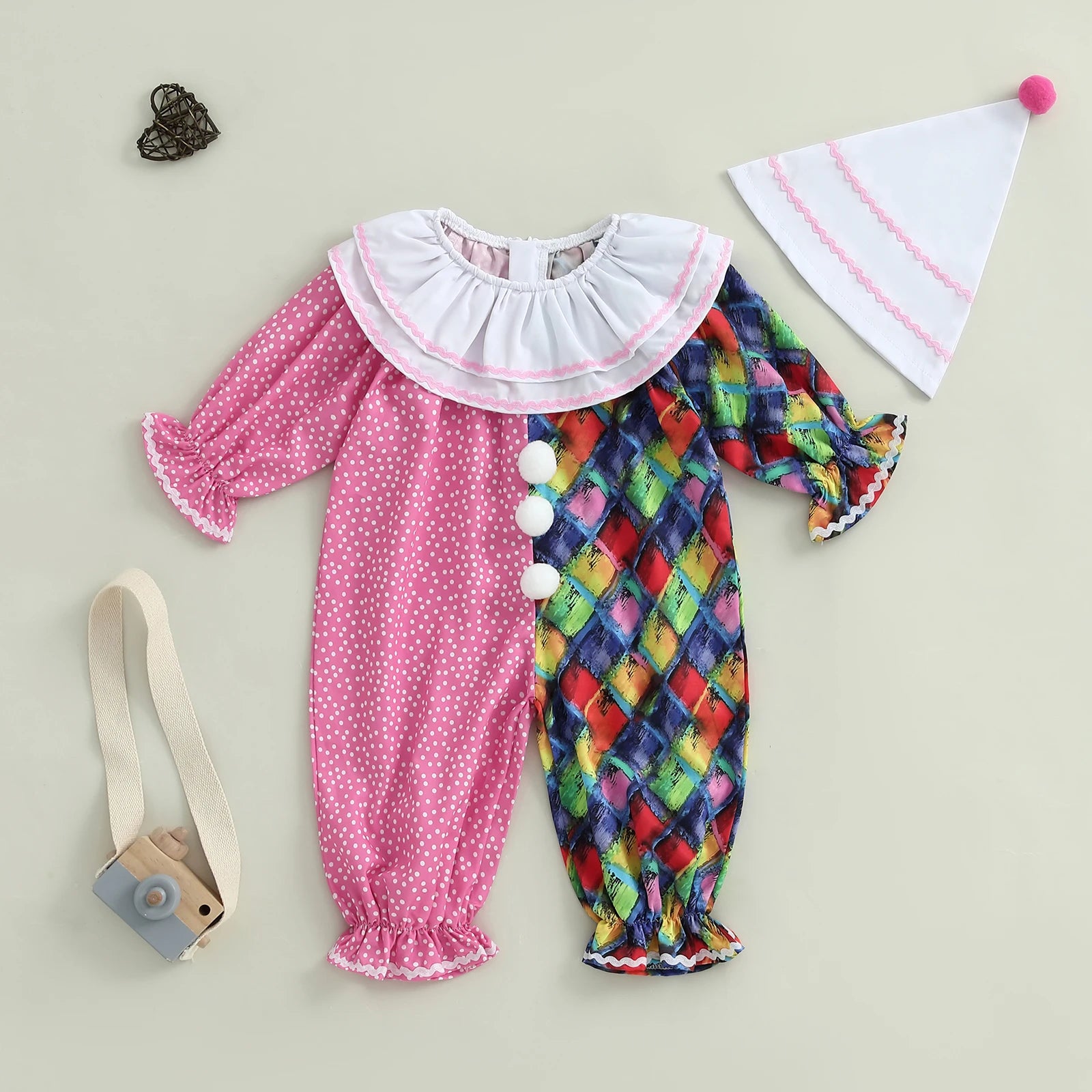 Toddler Baby Clown Halloween Costume Contrast Color Long Sleeve Jumpsuit and Hat 2 Pcs Set