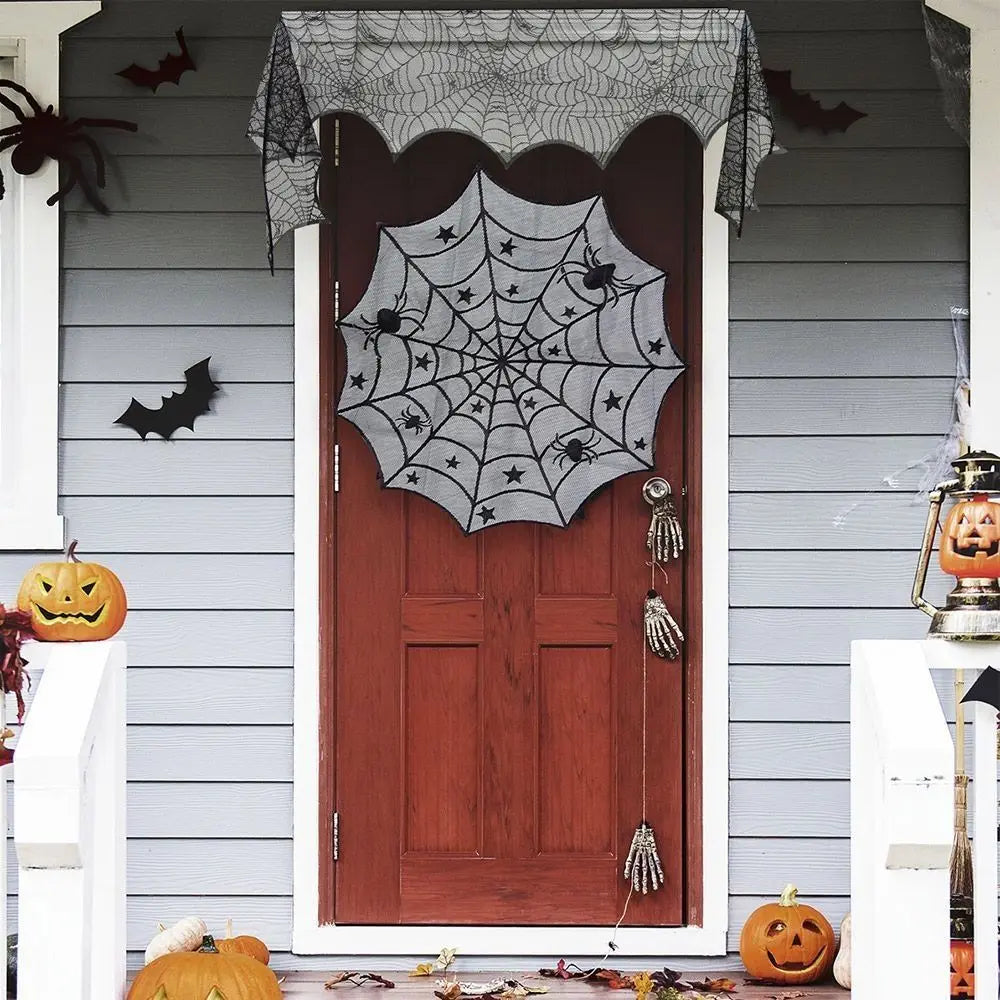 New Halloween Bat Table Runner Lace Web Skeleton Skull Tablecloth Black Fireplace Mantel Scarf Event Party Decoration Supplies