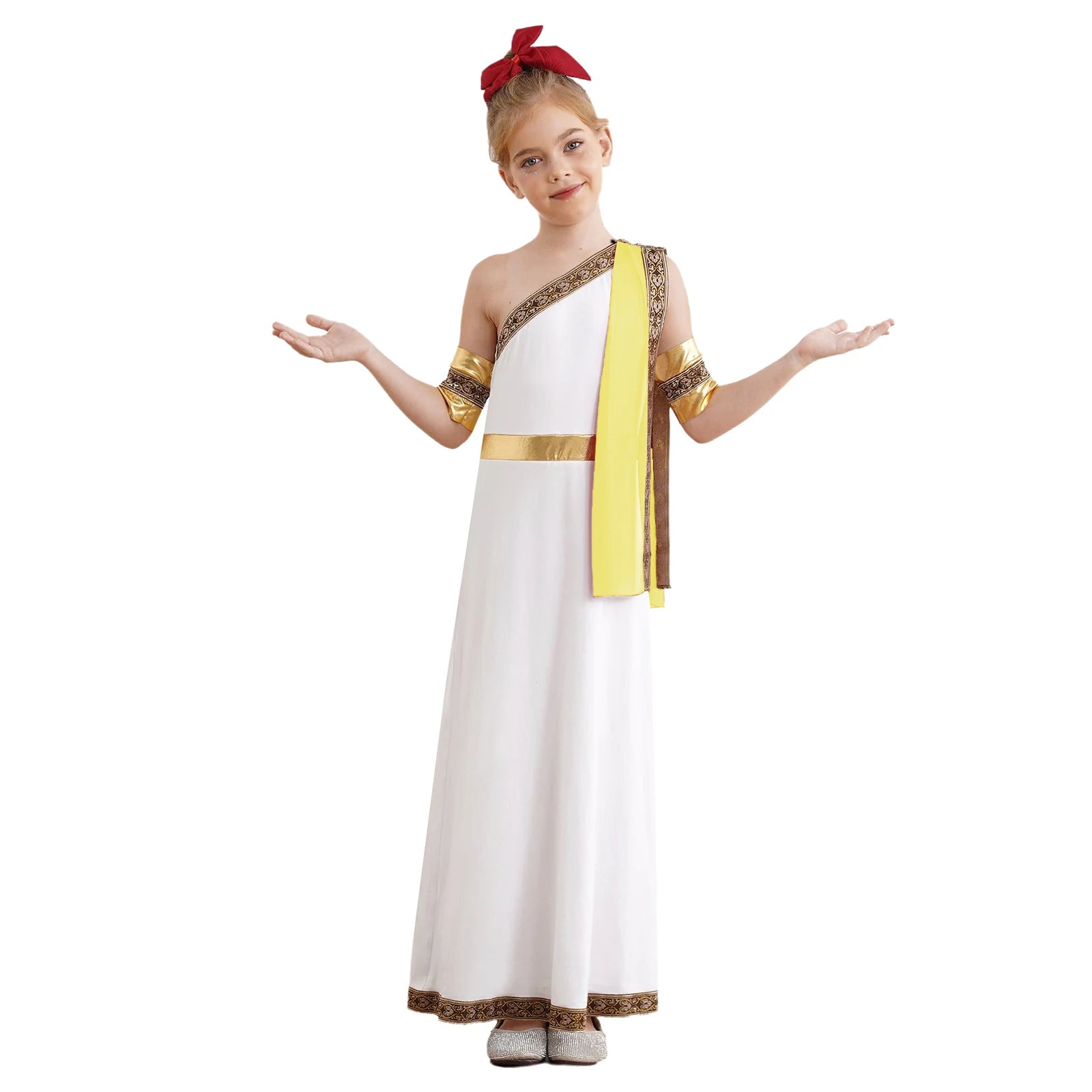Kids Girls Halloween Ancient Greek Toga Classic Roman Carnival Cosplay Costume One Shoulder Embroider Robe with Removable Cuffs