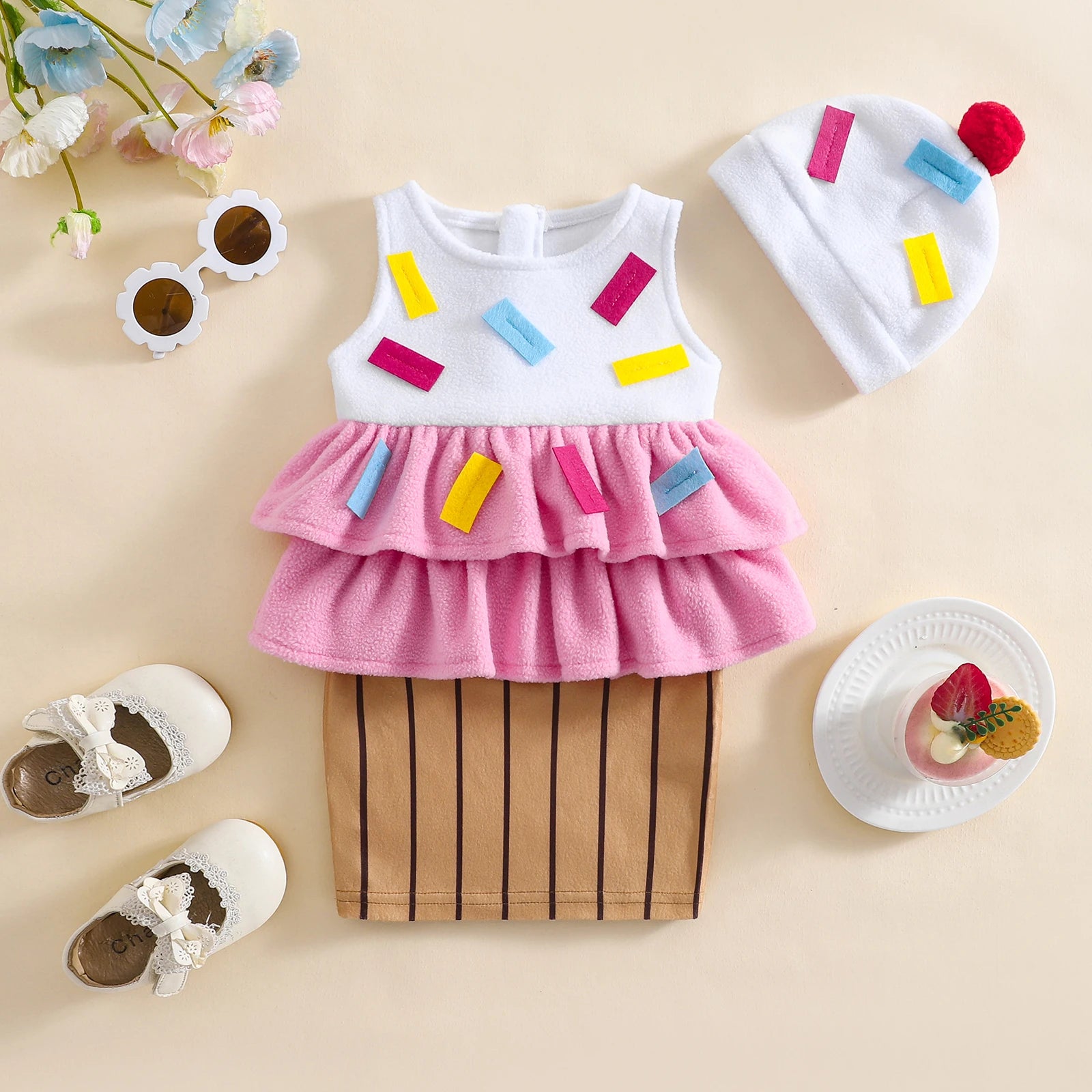 Toddler Baby Ice Cream Costume Dress and Cap 2 Pcs Set Cute Cupcake Costume for Halloween Party