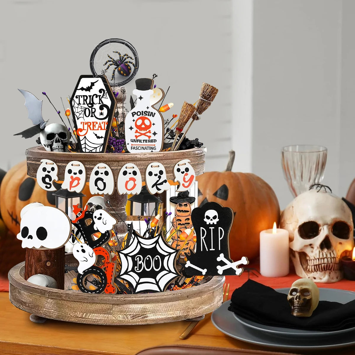 Halloween -  Wooden Tray Decorations: Spooky Skulls, Bats, Ghosts and More for Haunting Home Party Halloween Decor
