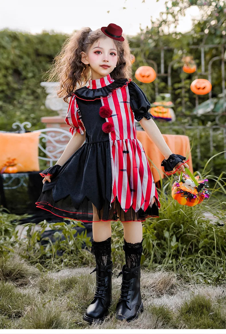 Halloween children's costume; clown costume for girls; party dress for a fun outfit; carnival performance outfit.
