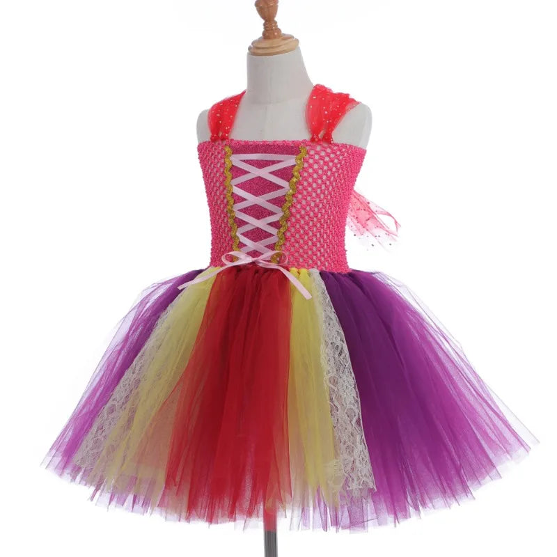 Halloween Children Costume Tulle Dress Girls Cosplay Vestidos Party Evil Queen Mesh Princess Dress Kids Crow Wand