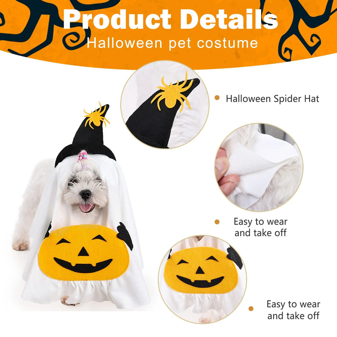 Adorable Ghost Pumpkin Pet Costume Halloween Theme Party Pet Cute Dress-Up Photo Props Decoration Soft Fabric Design Pet Clothes