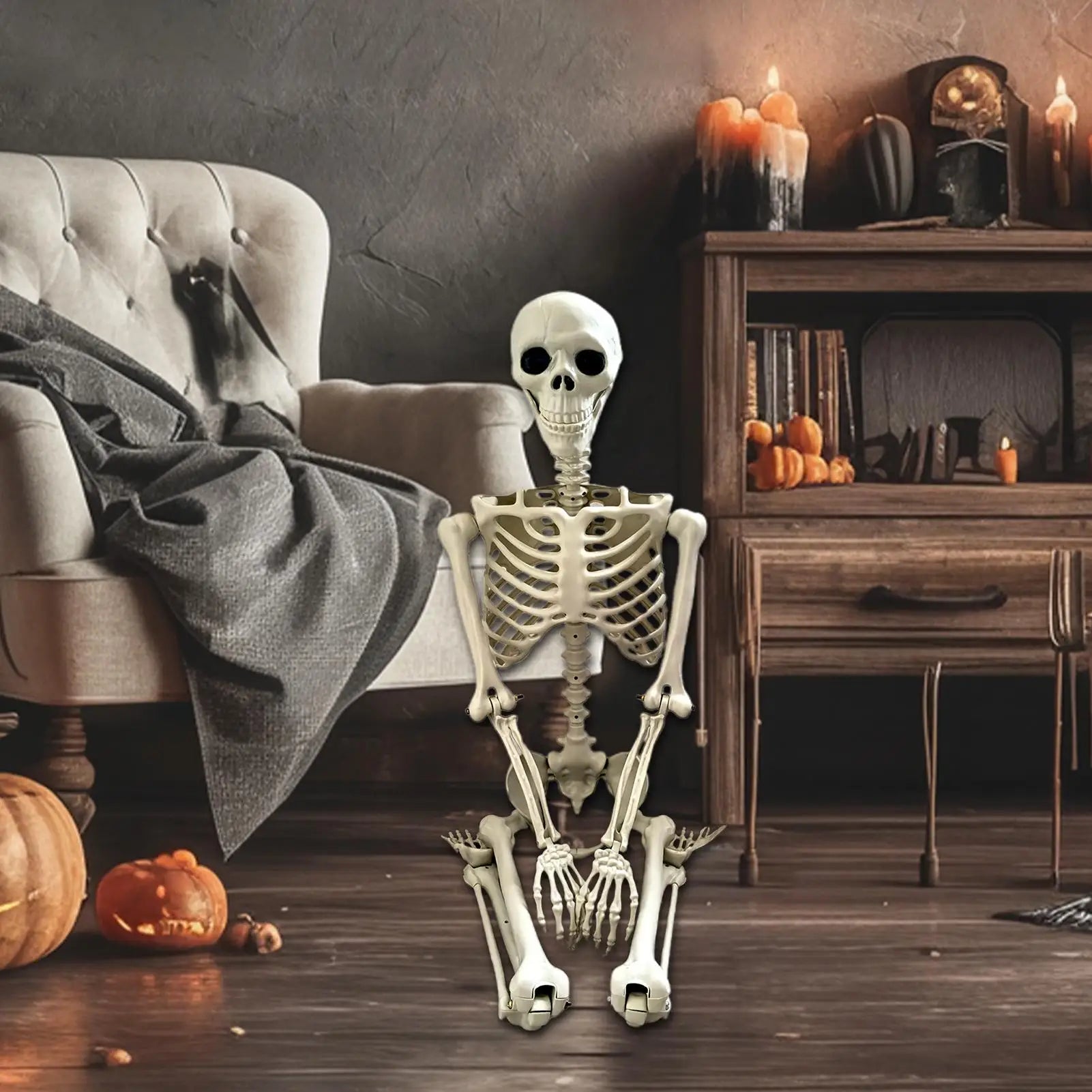 Halloween Skeleton Life Size Human Skeleton With Posable Joints Weather-Resistant Outdoor Decorations Spooky Photo Props Party