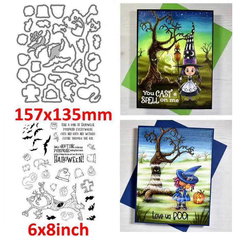 Spooky Tree Tricks No Treats Halloween is Back Metal Cutting Dies/Clear Stamp DIY Card Making Scrapbooking Stencil