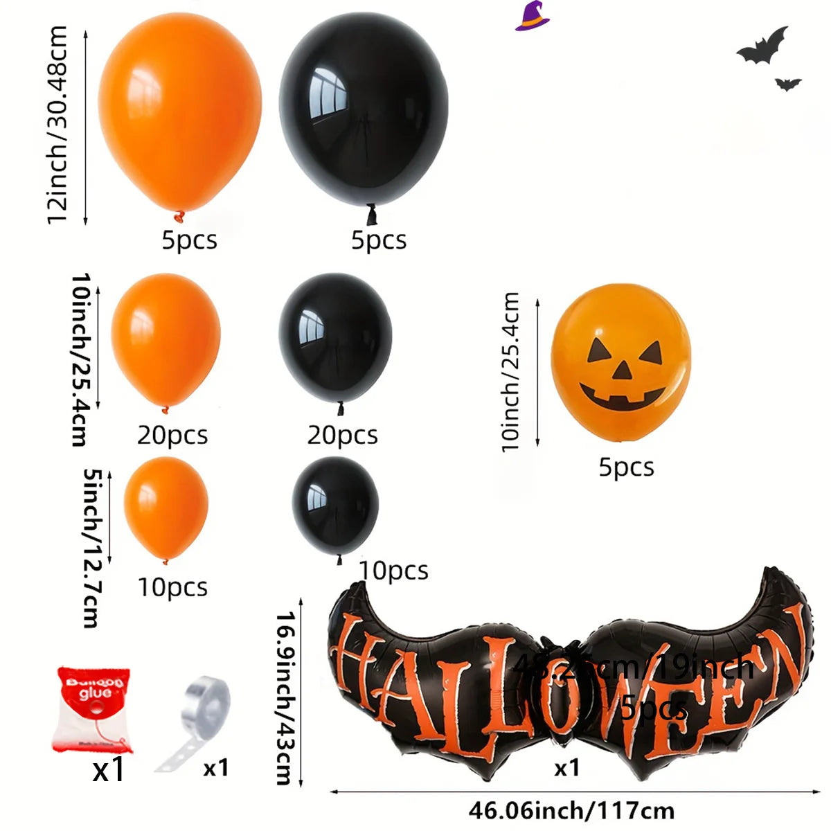 72 Halloween balloon sets, black and orange balloons, used for horror party decoration for anniversaries, graduations, birthdays