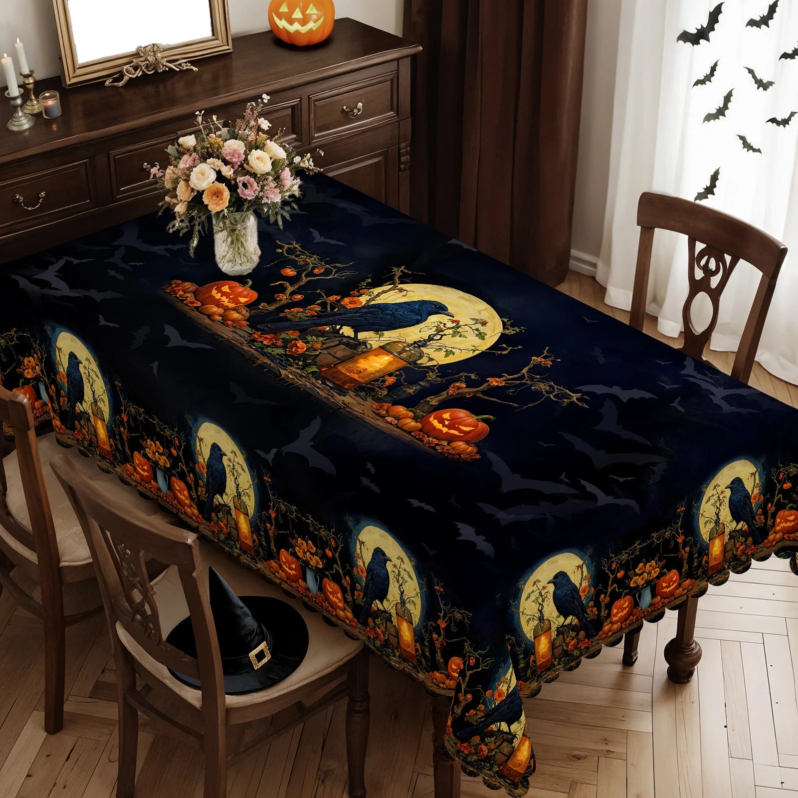 1 Piece, Halloween Theme Tablecloth + 4 Pieces Self-Adhesive, with Crow Moon, Pumpkin Lantern Pattern, Retro Exquisite Design Horror Atmosphere Scene Printing, Embossed Edge, Suitable for Home Kitchen, Living Room Dining Tabl