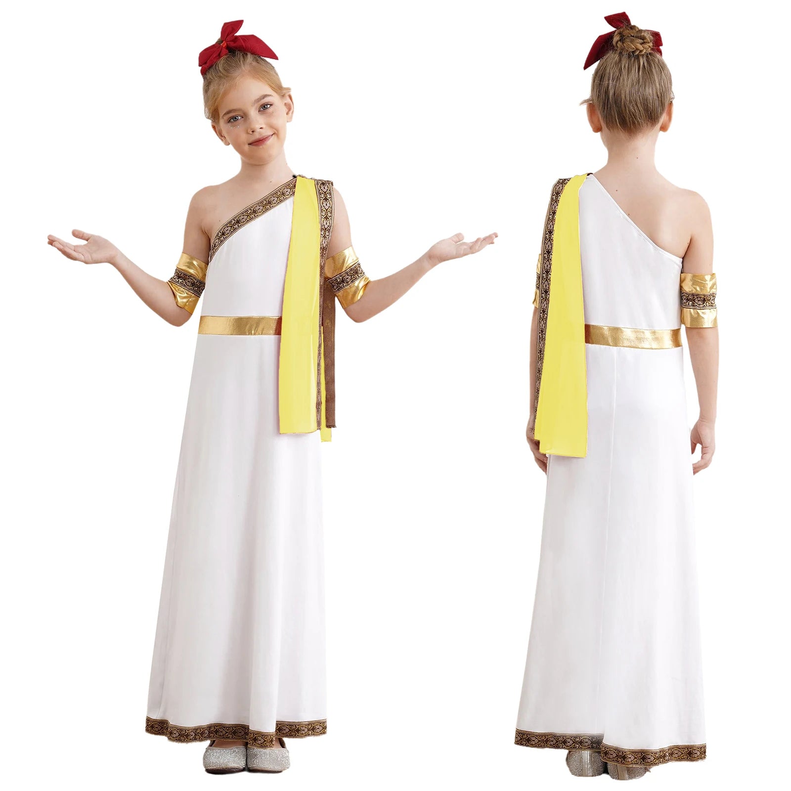 Kids Girls Halloween Ancient Greek Toga Classic Roman Carnival Cosplay Costume One Shoulder Embroider Robe with Removable Cuffs