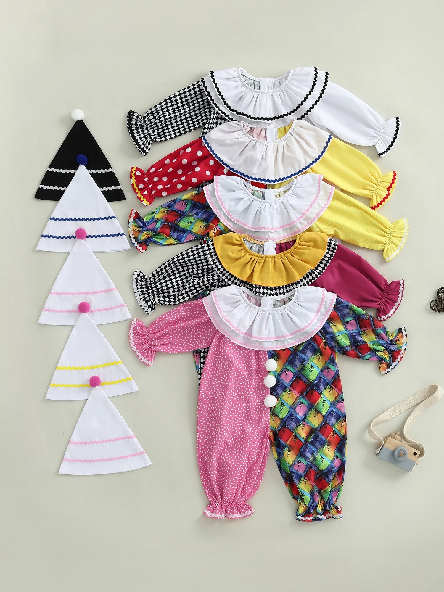 Toddler Baby Clown Halloween Costume Contrast Color Long Sleeve Jumpsuit and Hat 2 Pcs Set