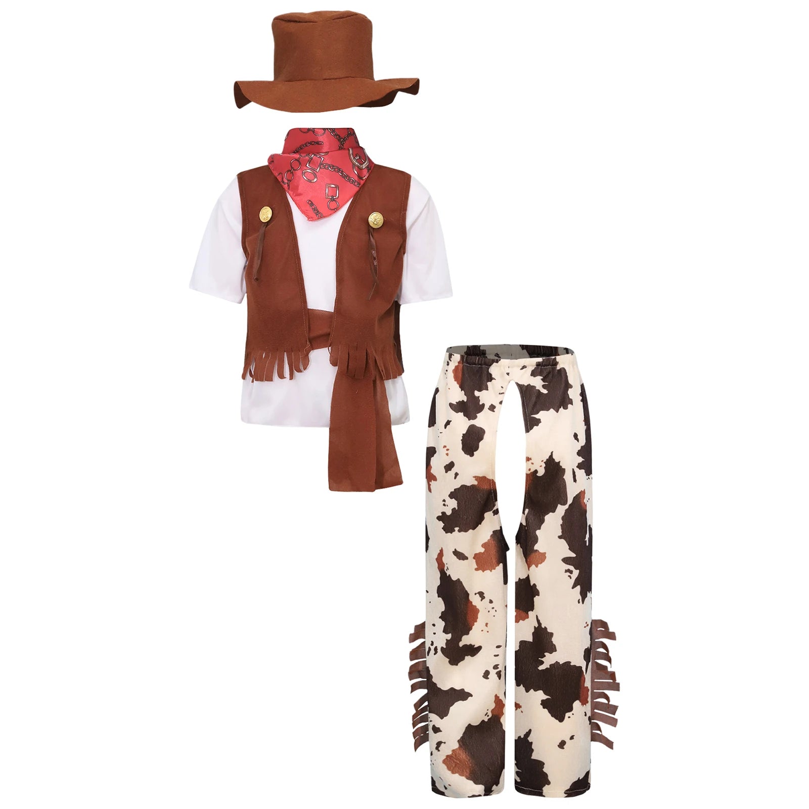 Boys Halloween Carnival Western Cowboy Cosplay Performance Costume Short Sleeve T-shirt with Pants Vest Hat Bandana Belt Set