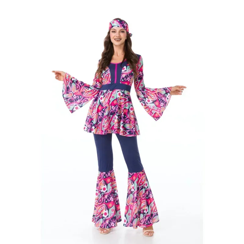 Halloween Costume 70s 80s Retro Hippie Go Go Girl Disco Women Men Couple Purple Fancy Dress Party Peace Lover Hippie Performance