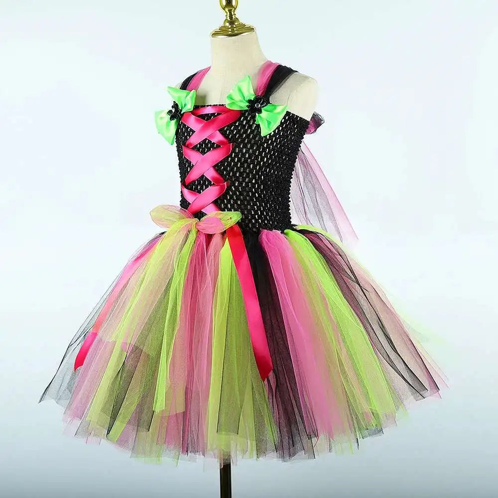 Kids Halloween Witch Costumes for Girls Carnival Party Fancy Dresses with Witches Hat Broom Children Hallowmas Disguise Outfit