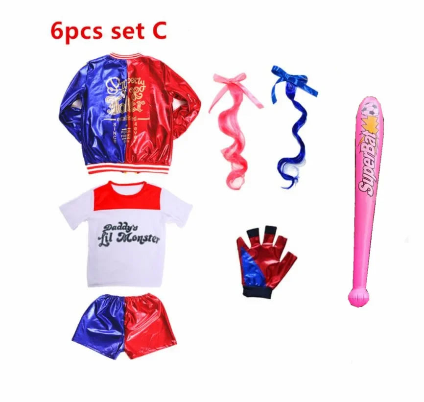 Halloween  Costume de carnaval Harleen Quinzel pour femmes et filles, T-shirts, veste supérieure avec perruque