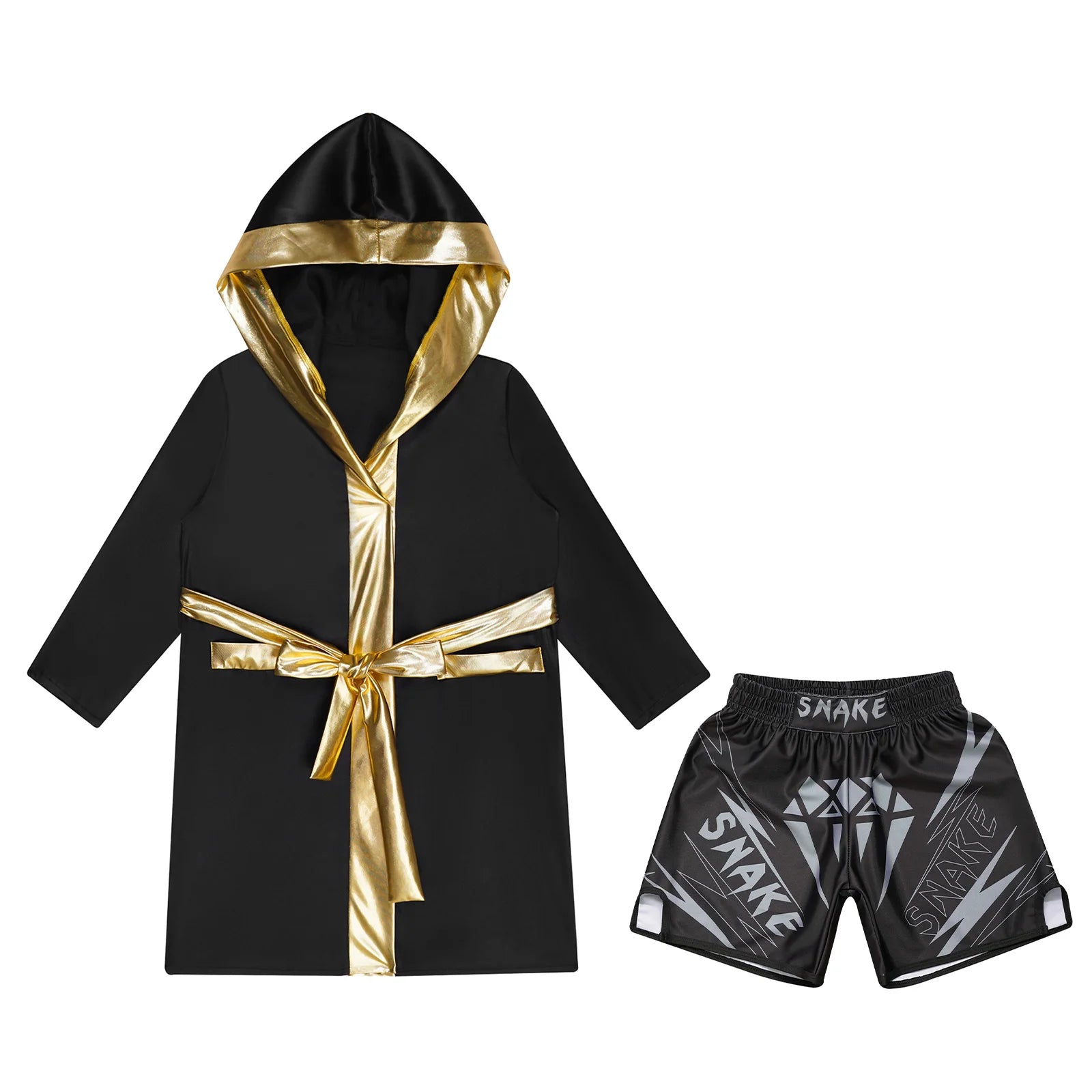 Boys Boxing Robe Outfit Halloween Theme Party Boxer Cosplay Costume Long Sleeve Metallic Satin Hooded Cloak with Belt Shorts