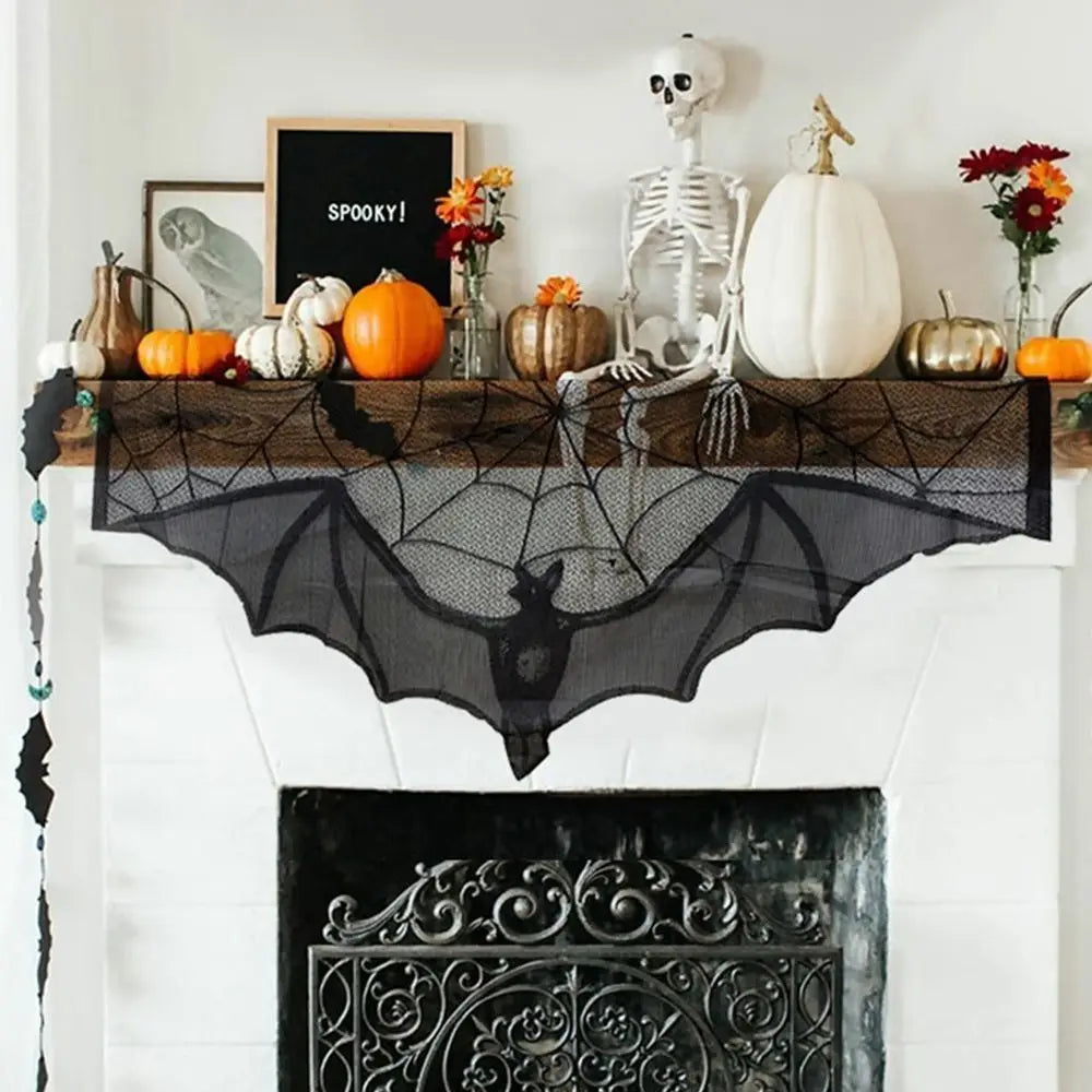 New Halloween Bat Table Runner Lace Web Skeleton Skull Tablecloth Black Fireplace Mantel Scarf Event Party Decoration Supplies