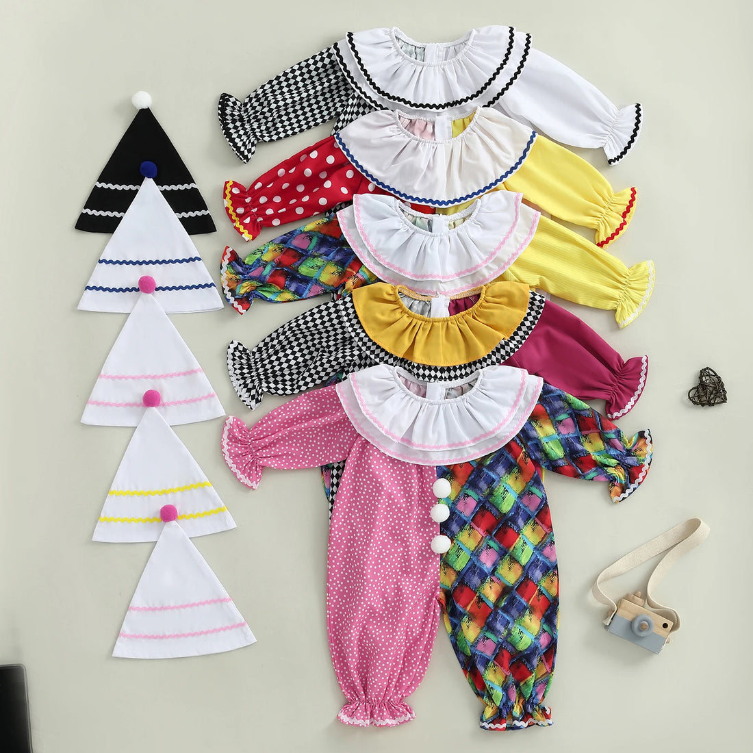 Toddler Baby Clown Halloween Costume Contrast Color Long Sleeve Jumpsuit and Hat 2 Pcs Set