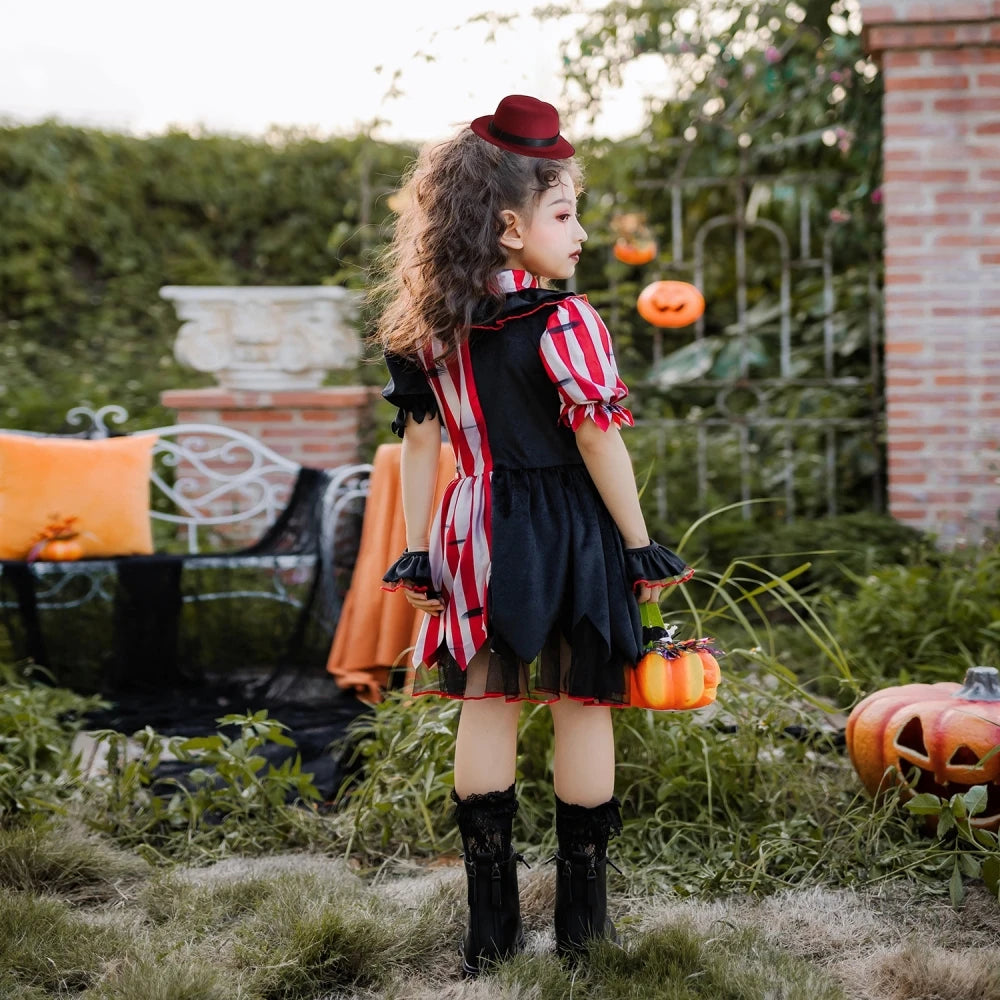 Halloween children's costume; clown costume for girls; party dress for a fun outfit; carnival performance outfit.