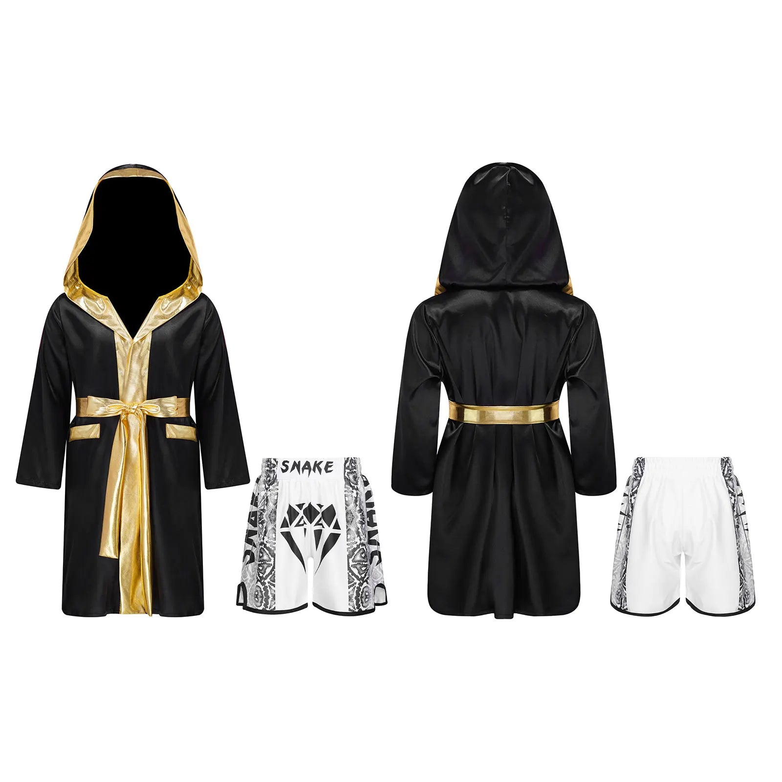 Boys Boxing Robe Outfit Halloween Theme Party Boxer Cosplay Costume Long Sleeve Metallic Satin Hooded Cloak with Belt Shorts