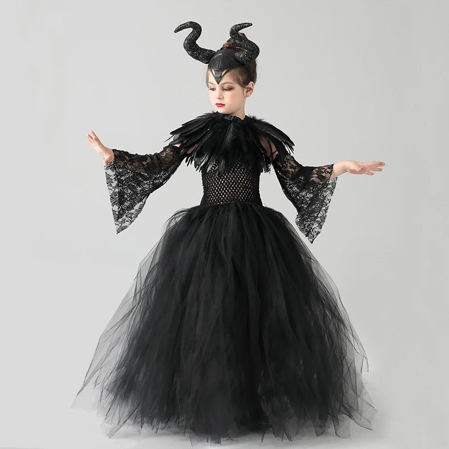 Halloween Maleficents Costume for Girls Evil Queen Dress Up Costumes Witch Devil Black Tulle Mesh Princess Dress Cosplay Clothes