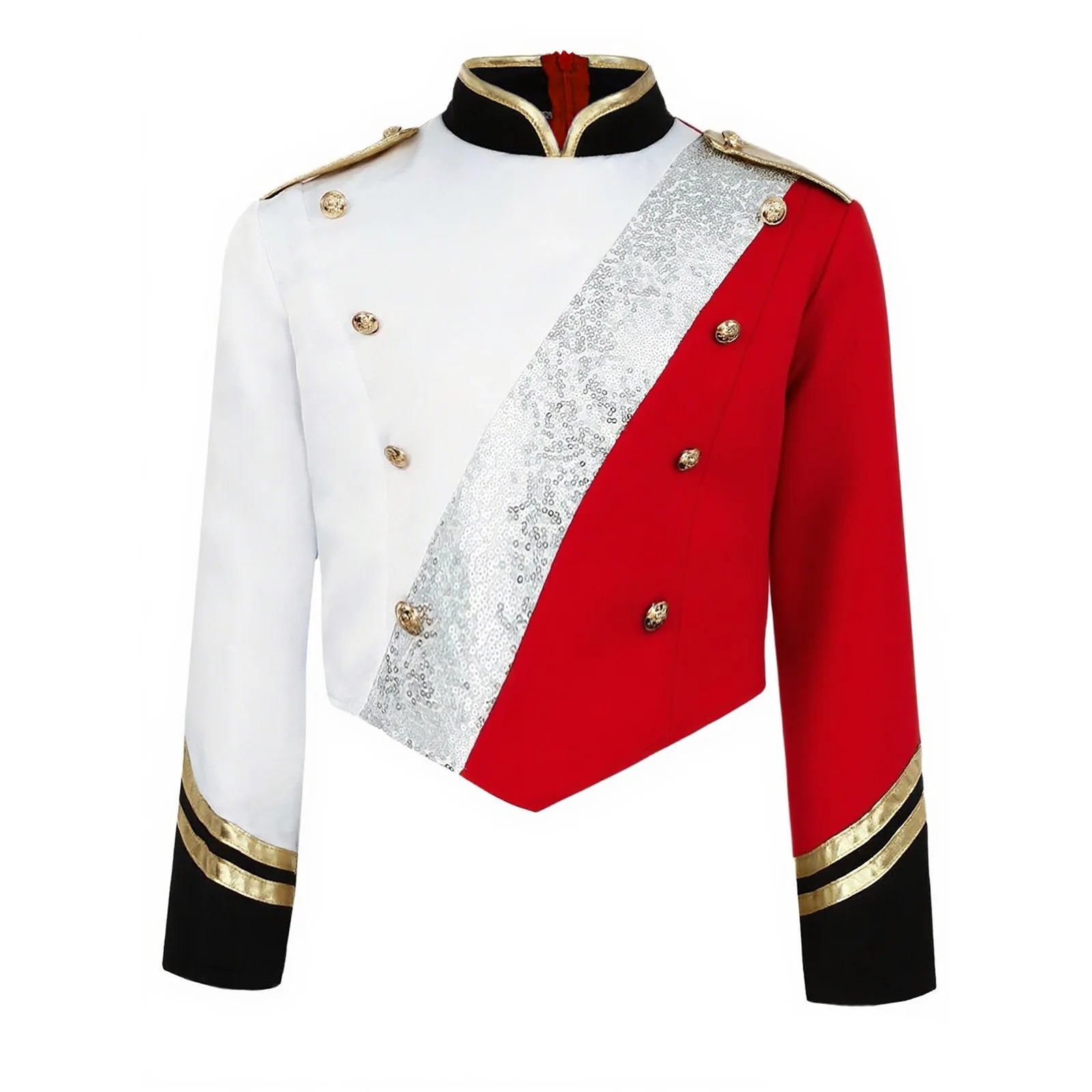 Kids Boys Marching Band Costume Halloween Tops Uniform Metallic Gloss Sequins Mock Neck Coat Long Sleeve Epaulets Buttons Jacket