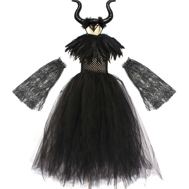 Halloween Maleficents Costume for Girls Evil Queen Dress Up Costumes Witch Devil Black Tulle Mesh Princess Dress Cosplay Clothes