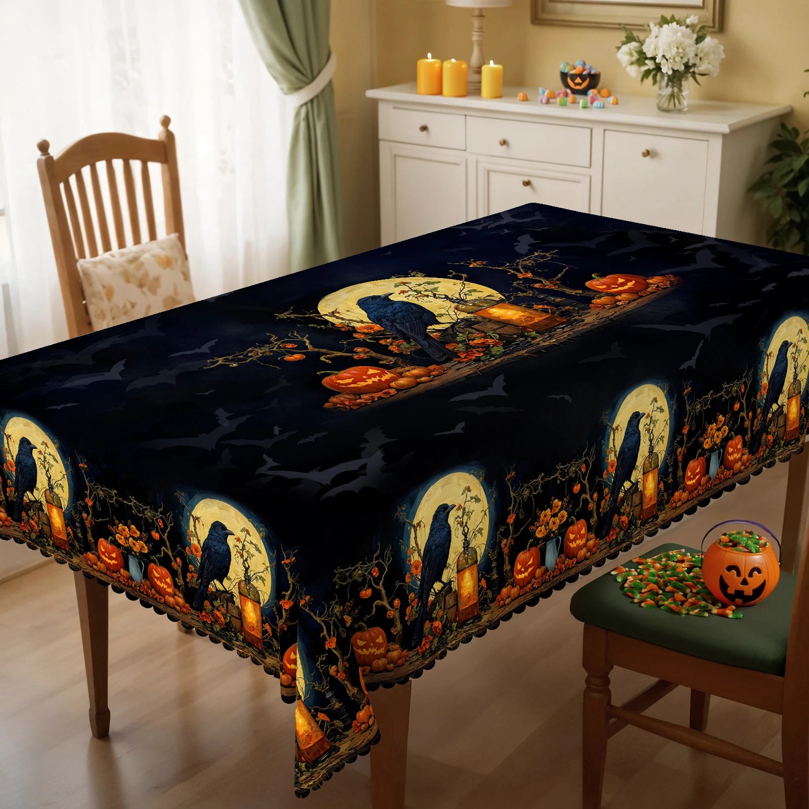 1 Piece, Halloween Theme Tablecloth + 4 Pieces Self-Adhesive, with Crow Moon, Pumpkin Lantern Pattern, Retro Exquisite Design Horror Atmosphere Scene Printing, Embossed Edge, Suitable for Home Kitchen, Living Room Dining Tabl