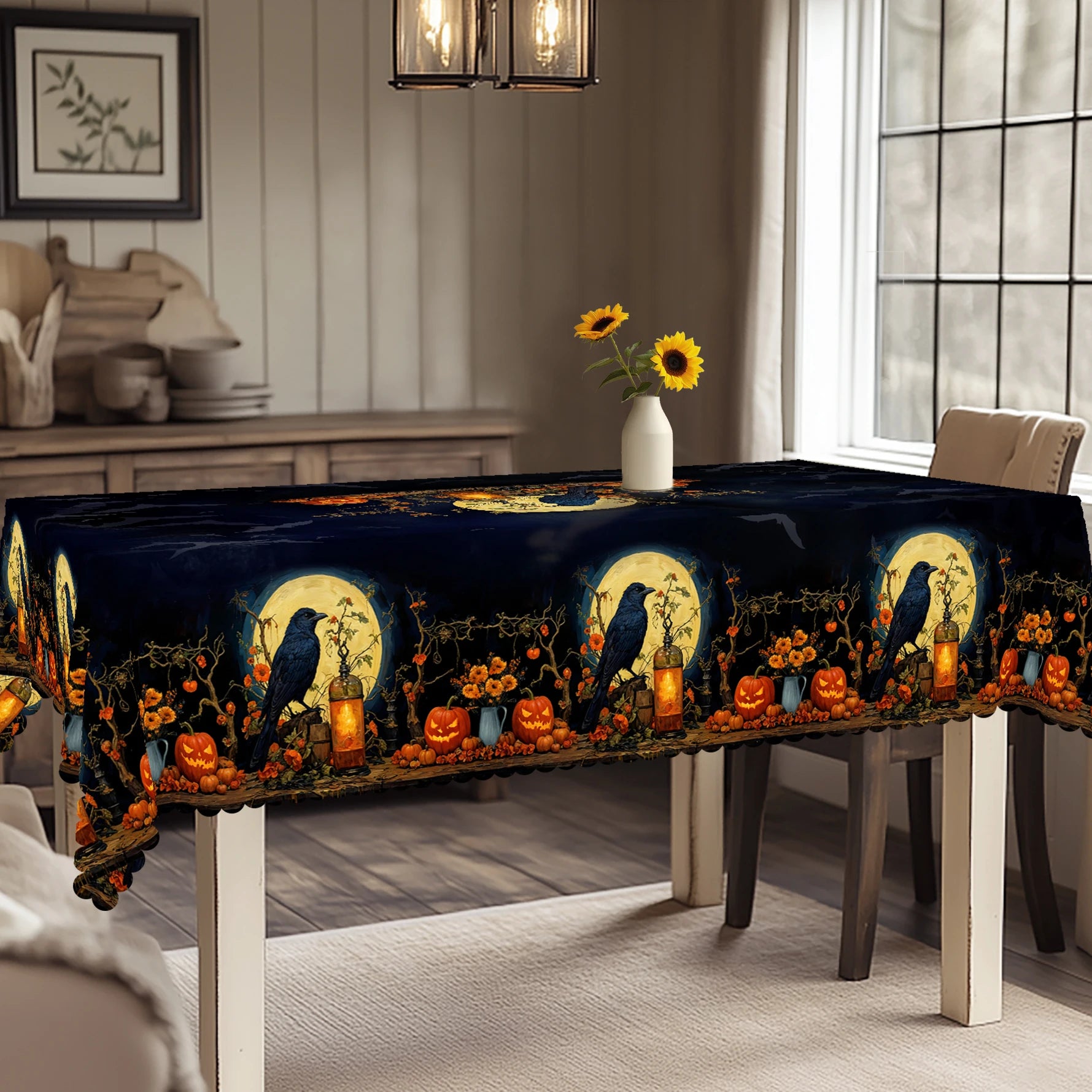 1 Piece, Halloween Theme Tablecloth + 4 Pieces Self-Adhesive, with Crow Moon, Pumpkin Lantern Pattern, Retro Exquisite Design Horror Atmosphere Scene Printing, Embossed Edge, Suitable for Home Kitchen, Living Room Dining Tabl