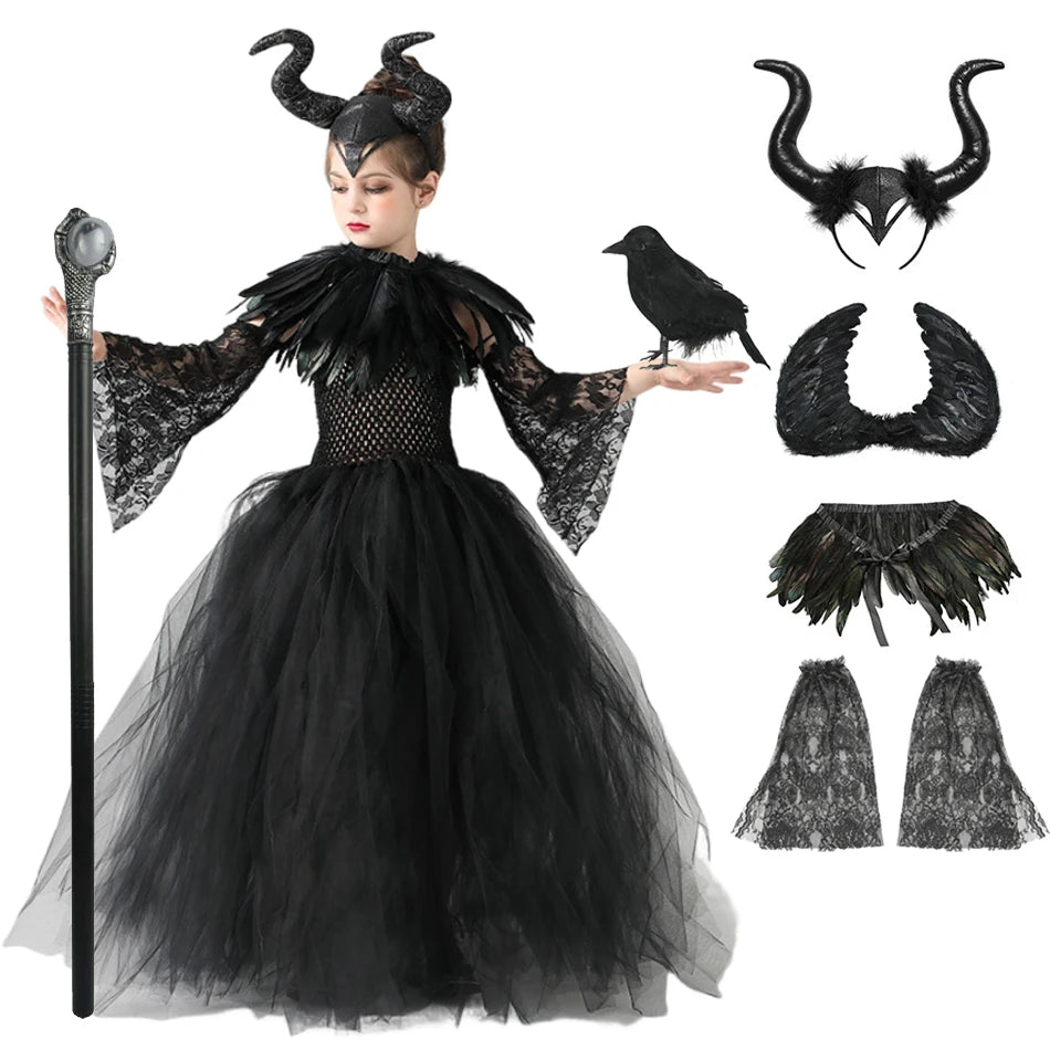 Halloween Maleficents Costume for Girls Evil Queen Dress Up Costumes Witch Devil Black Tulle Mesh Princess Dress Cosplay Clothes
