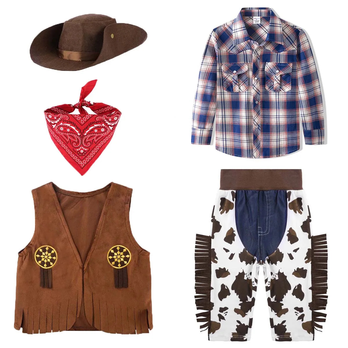Kids Western Cowboy Halloween Costume Set Boys Cosplay Costumes Western Shirts Long Sleeve Button Down Plaid Tops Hat Vest Pants