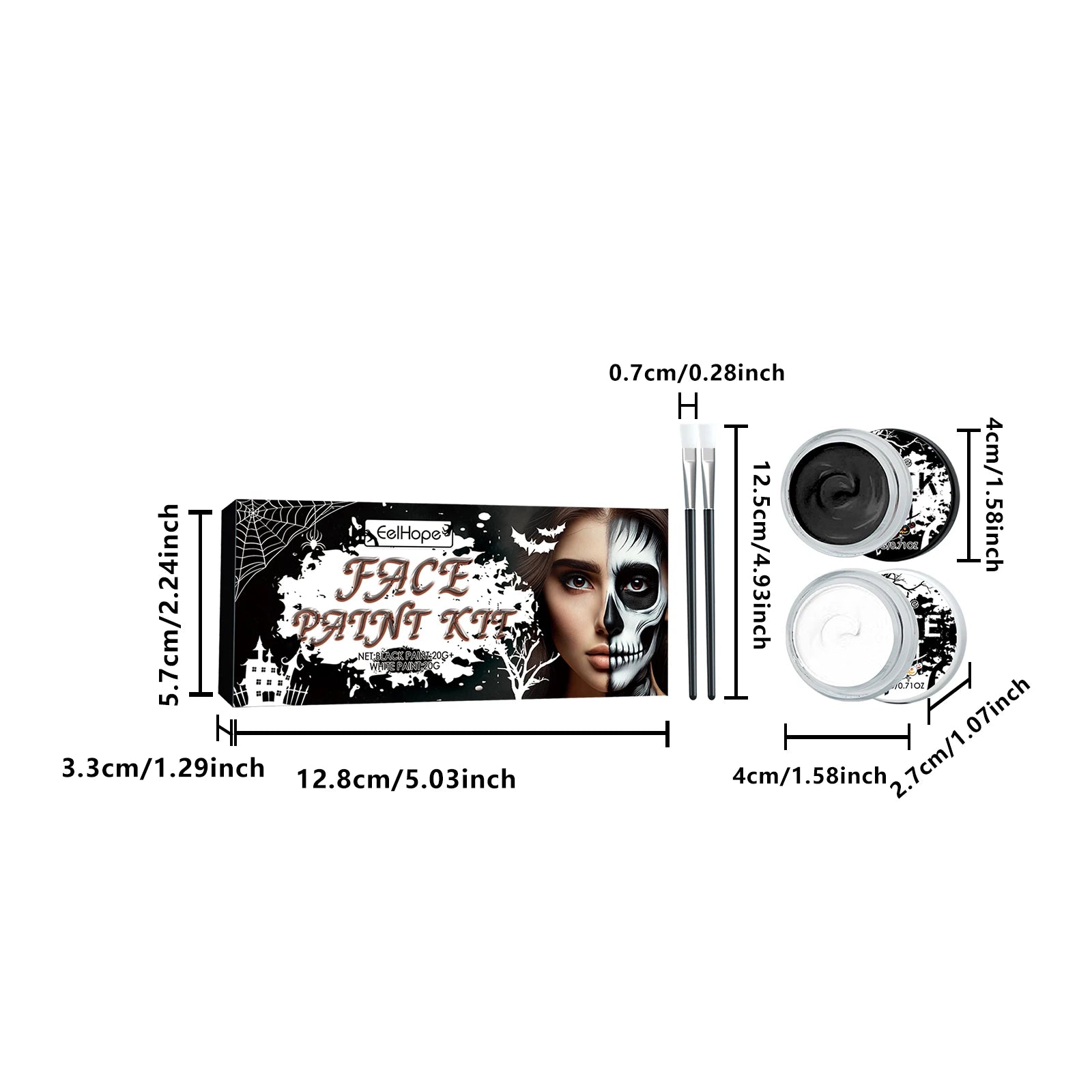 2PCS Halloween Face Painting Kit Highly Pigmented Face Body brus Paint Black and White for DIY Cosplay Theme Parties Body Makeup