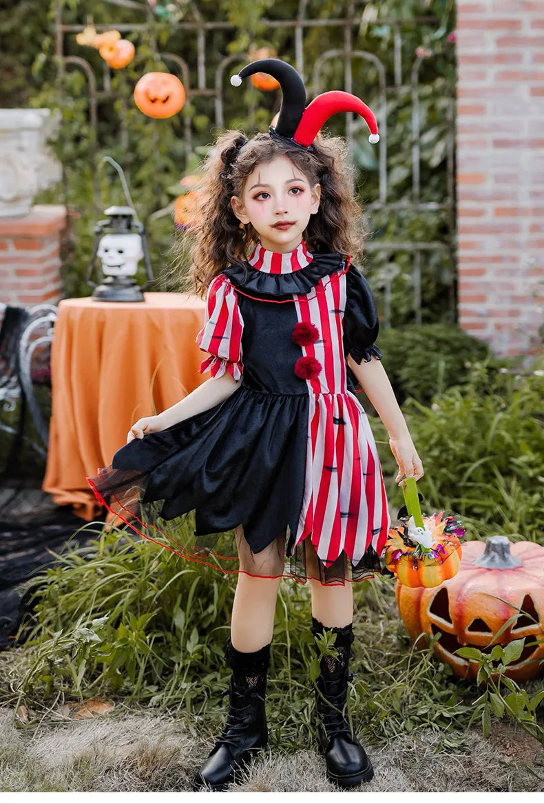 Halloween children's costume; clown costume for girls; party dress for a fun outfit; carnival performance outfit.