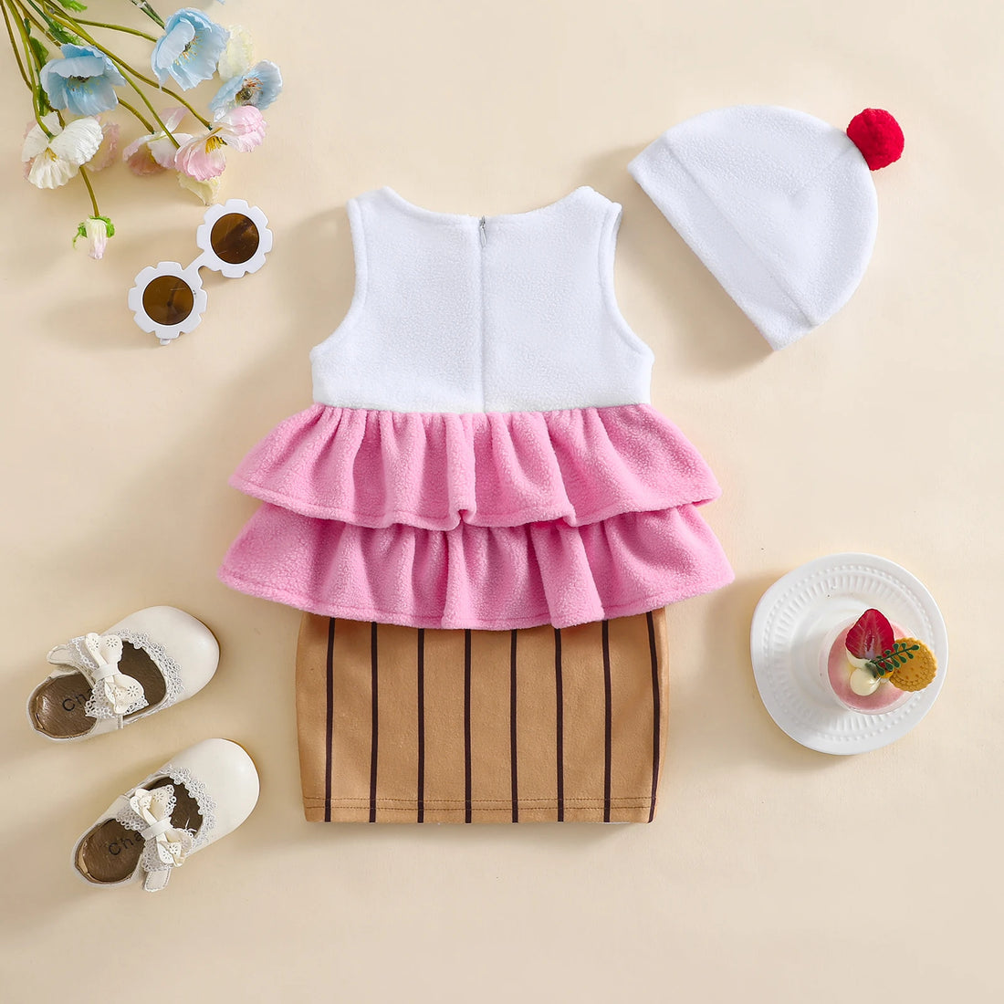 Toddler Baby Ice Cream Costume Dress and Cap 2 Pcs Set Cute Cupcake Costume for Halloween Party